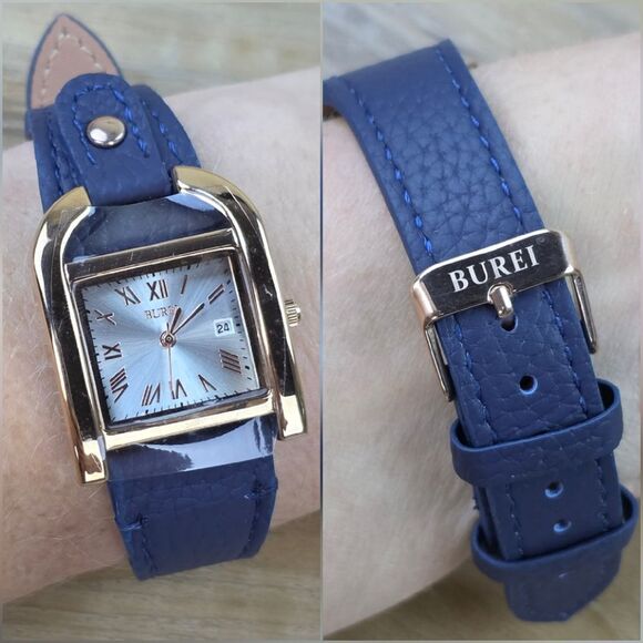 ?⏭️NIB Blue Leather Strap Horseshoe Shaped Square Case Quartz Watch main image 5
